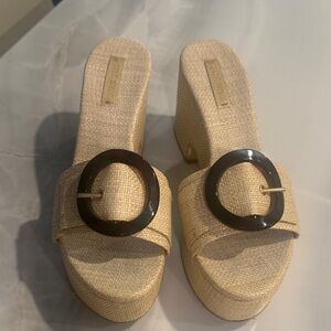 Beige Woven Platform Slide Sandals with Statement Buckle